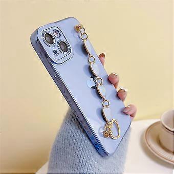 Funda de TPU a prueba de golpes con revestimiento de lujo compatible con iPhone 14 de 6.1", pulsera de cadena con corazón, color azul.