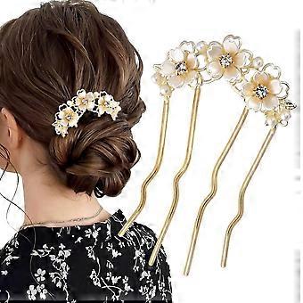 Parelbloem haarclips voor vrouwen, U-vormige Franse haarspeld, gouden haarspeld, metalen knotmaker, bloemenhaarspelden, bruidshaaraccessoire