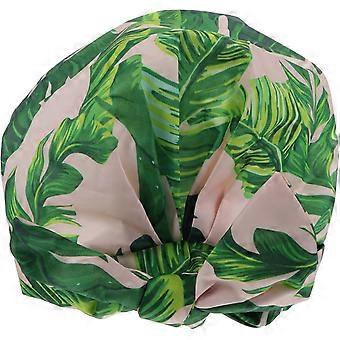 Waterproof Reusable Shower Cap with Silk Bowknot and Tropical Leaf Print for Shower and Sleep, Suitable for All Hair Types