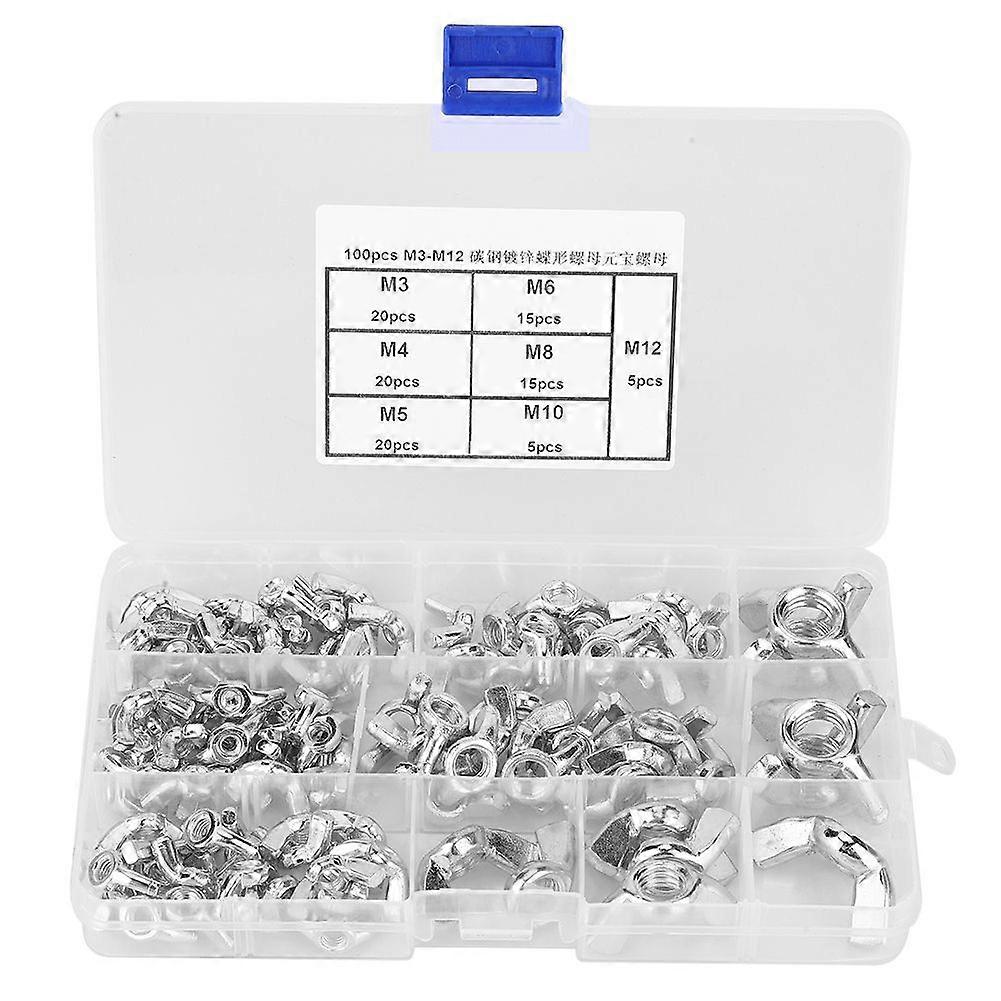 100-Piece Wing Nut Set - Galvanized, M3 to M12 Assorted Sizes