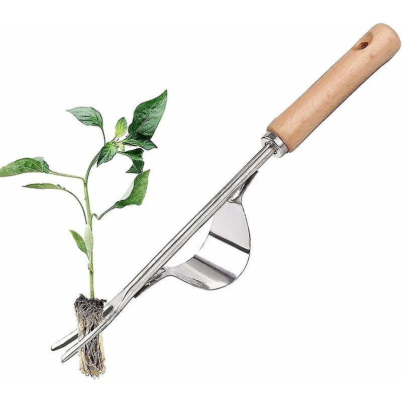 Stainless steel manual weeder with wooden handle tool for quick soil and garden weeding Y-shaped manual weeding root fork