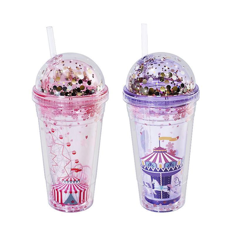 480ml Portable Drinking Water Bottle With Straw Double Layer Straws Water Mugs Plastic Drinking Mug