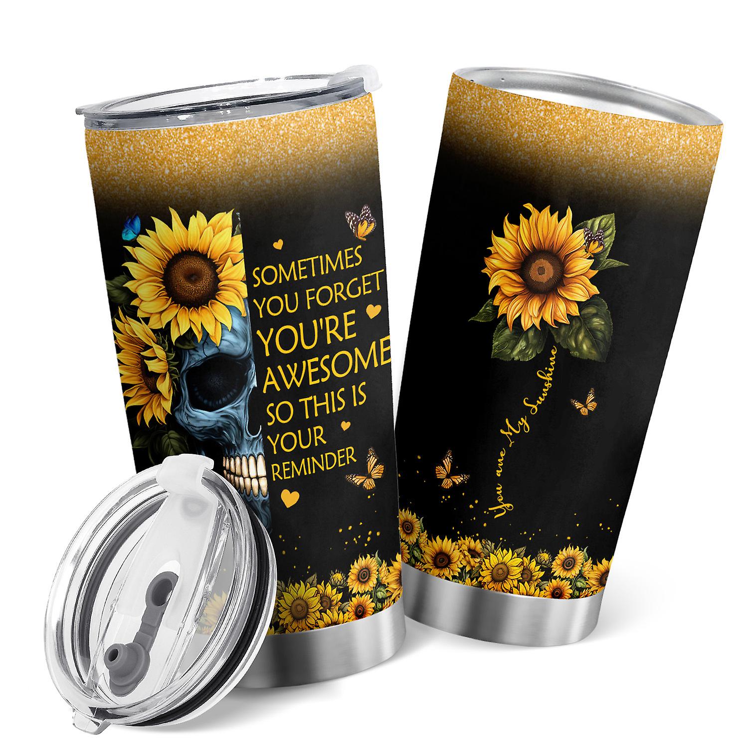 Oasisdream Sunflowers Skull Print Tumbler 20oz Vacuum Insulated Cup with Lid