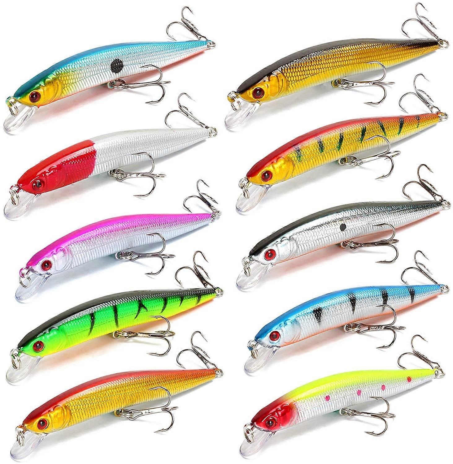 Decoy Set Of 10 Minnow Lures Sea And Freshwater Fishing Baits, Artificial Bionic Rigid