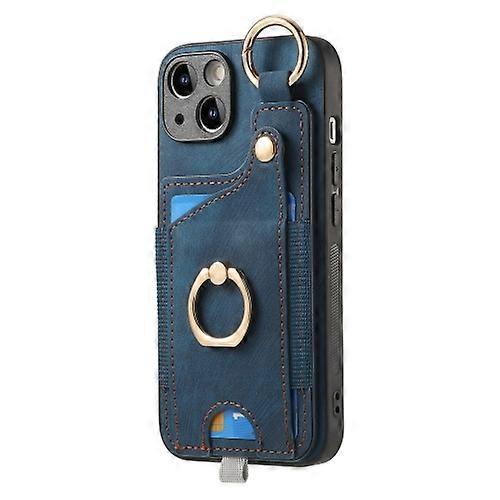 For iPhone 15 Retro Skin-feel Ring Card Bag Mobile Phone Case with Hang Loop
