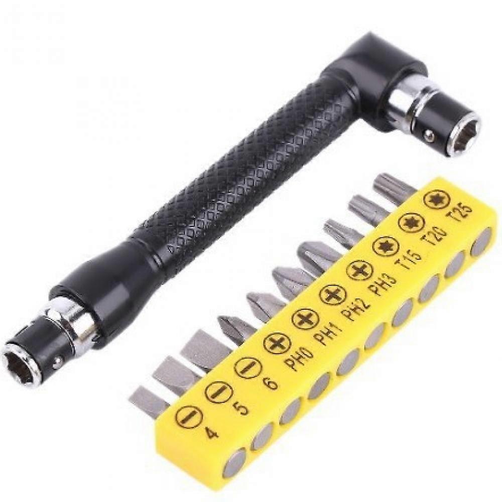L-shape 1/4 Inch Hex Socket Wrench Double Head With 10pcs Various Angled Screwdriver Bits Hand Tool Set