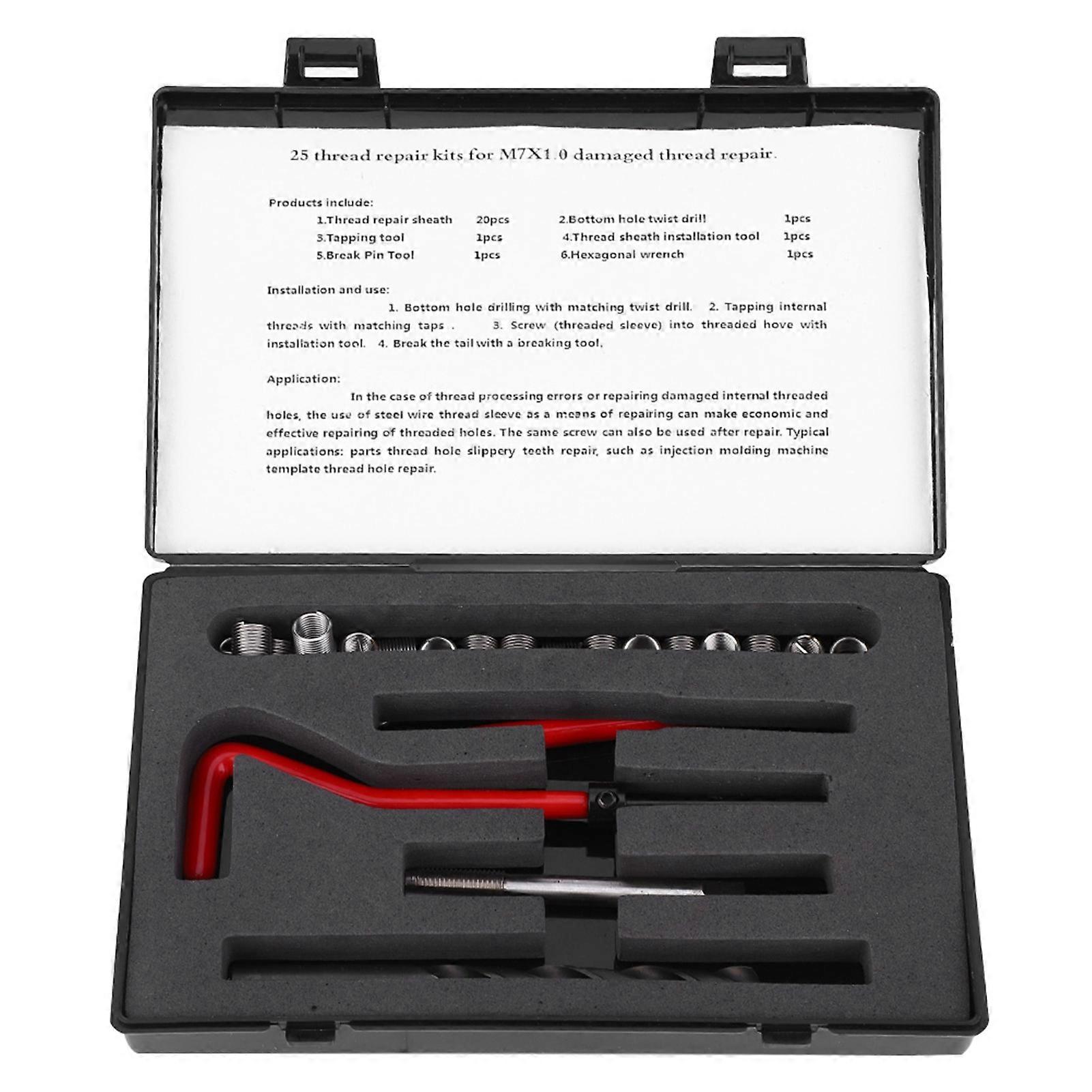 25Pcs Thread Repair Kit Stainless Steel Twisted Drill Wrench Threaded Insert Tap Insertion Tool M7x1