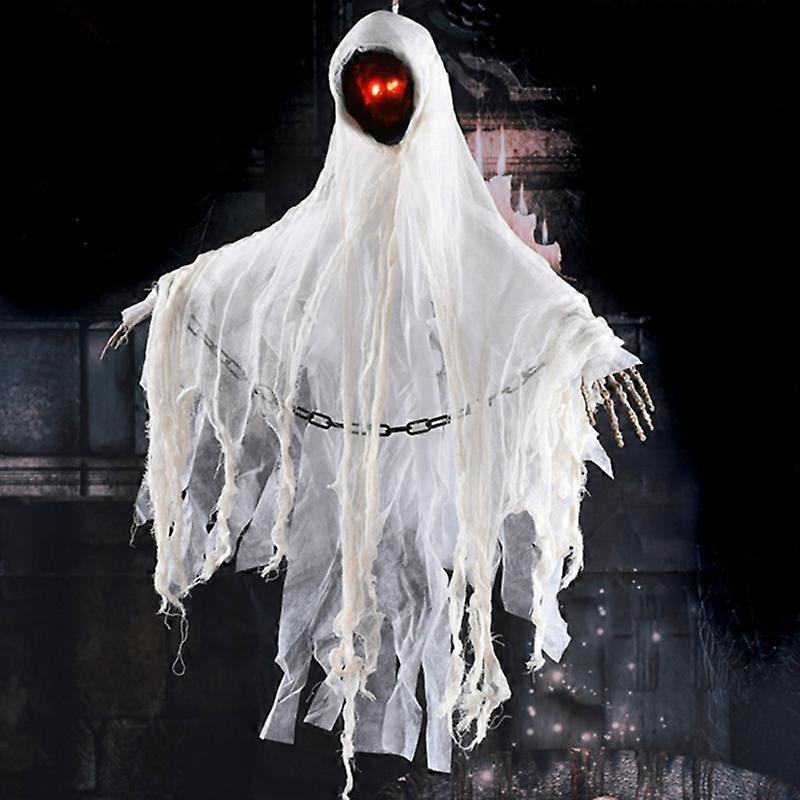 Halloween White Hanging Ghost, Voice Control Faceless Ghost with Scary Sound Induction and Lighting Effect, Party Yard Decor 80*105cm