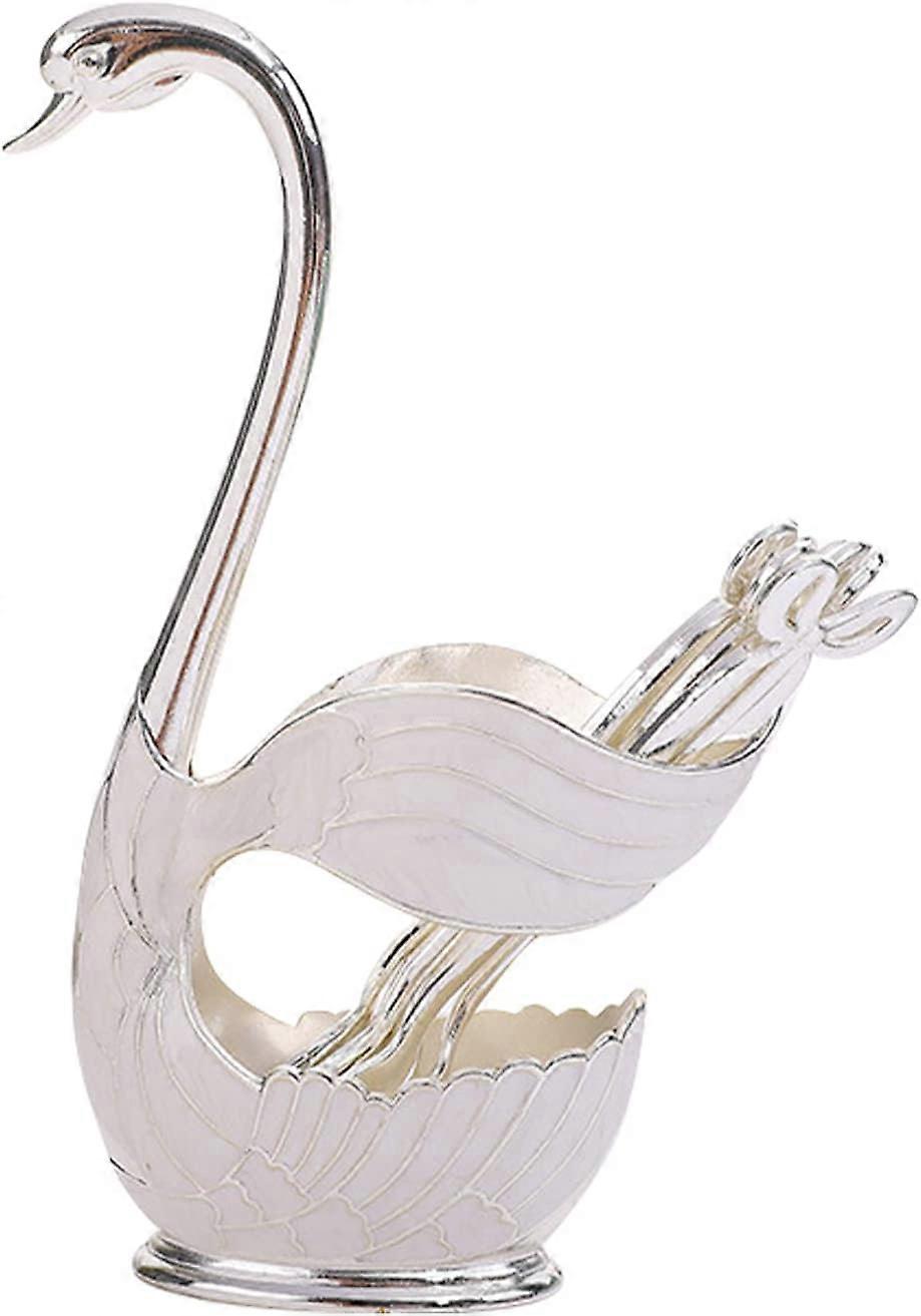 Metal Swan Base Spoon Fork Holder Set,Swan Base Holder With 6 Spoons