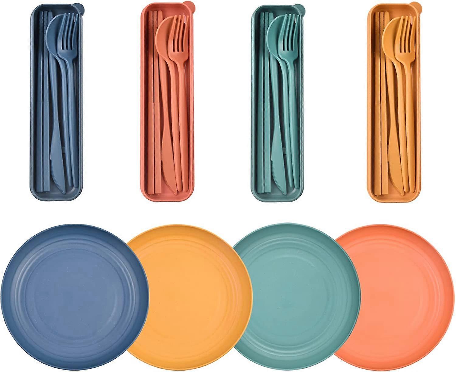 4 Sets Reusable Utensils Set with Case and 9'' Wheat Straw Dinner Plates, Dishwasher & Microwave Safe Plates for Adults Travel Camping