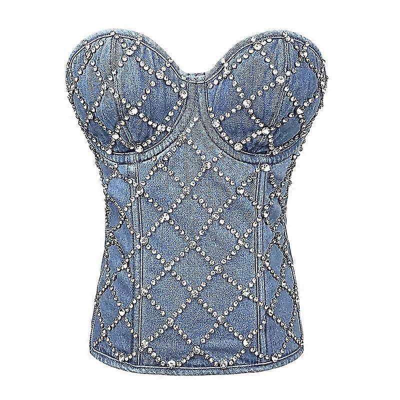 Women's Denim Rhinestone Corset Top Sexy Club Party Jean Bodysuit