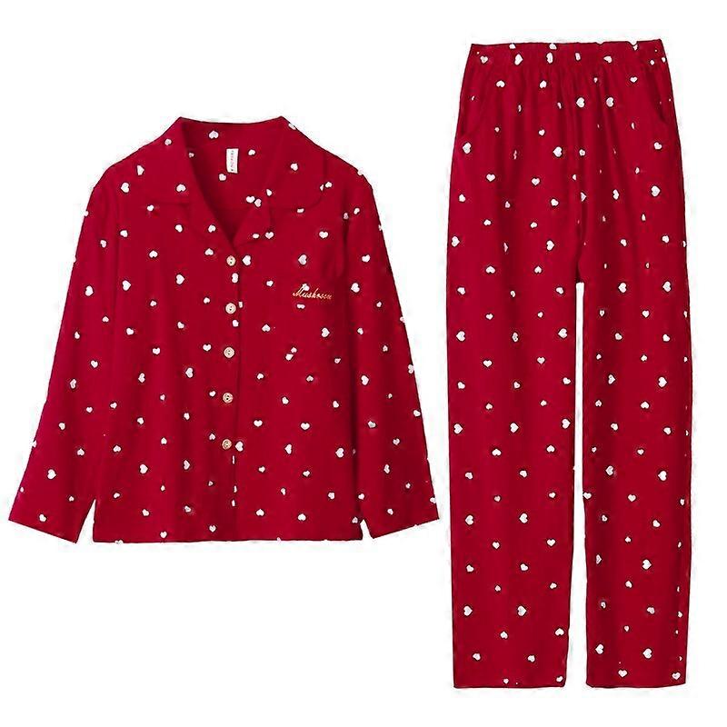 Pyjamassæt til kvinder Vinterrød Pijamas Femme 100% Bomuld Pyjamas Nattøj 2stk Loungewear Hjerteformet Print Hjemmetøj