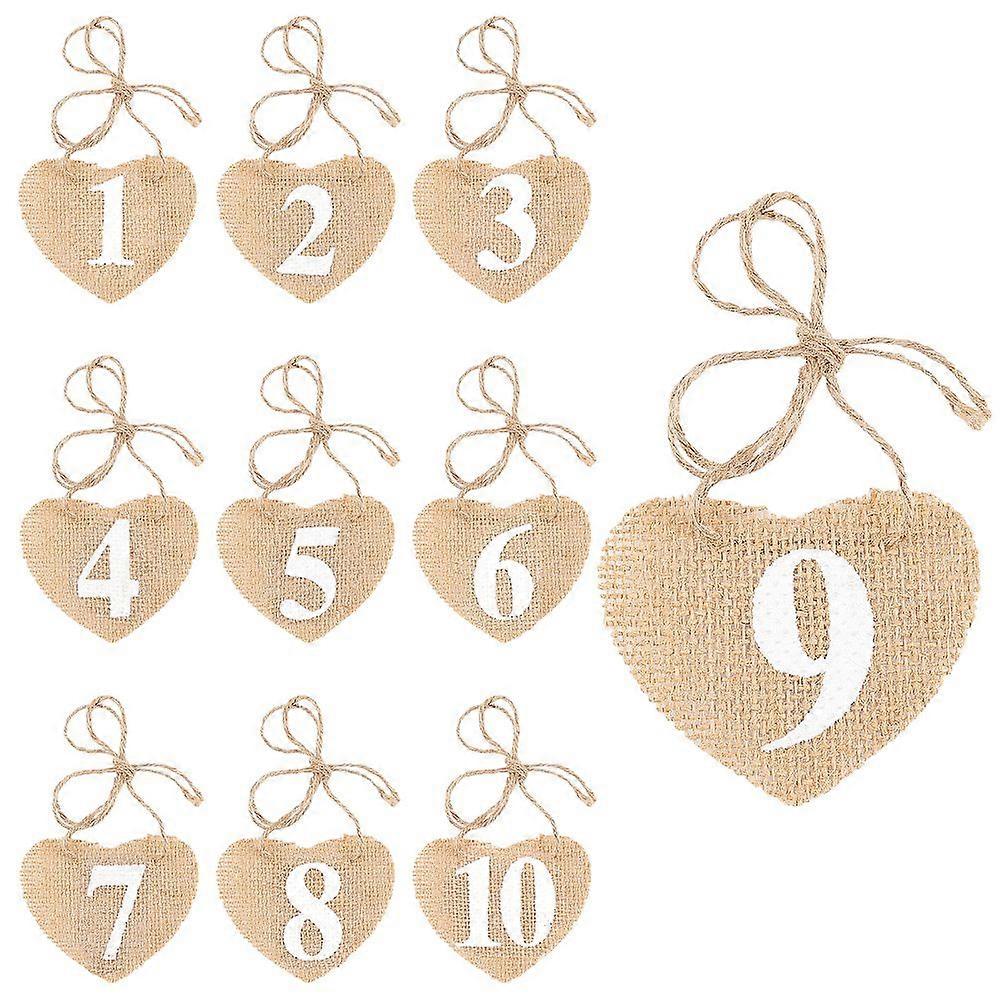 10 Pcs Burlap Table Number Tags Heart Shape Wedding 1-10 Table Numbers Signs Vintage Rustic Wine Hanging Card Banner with Ropes for Wedding Home Decor