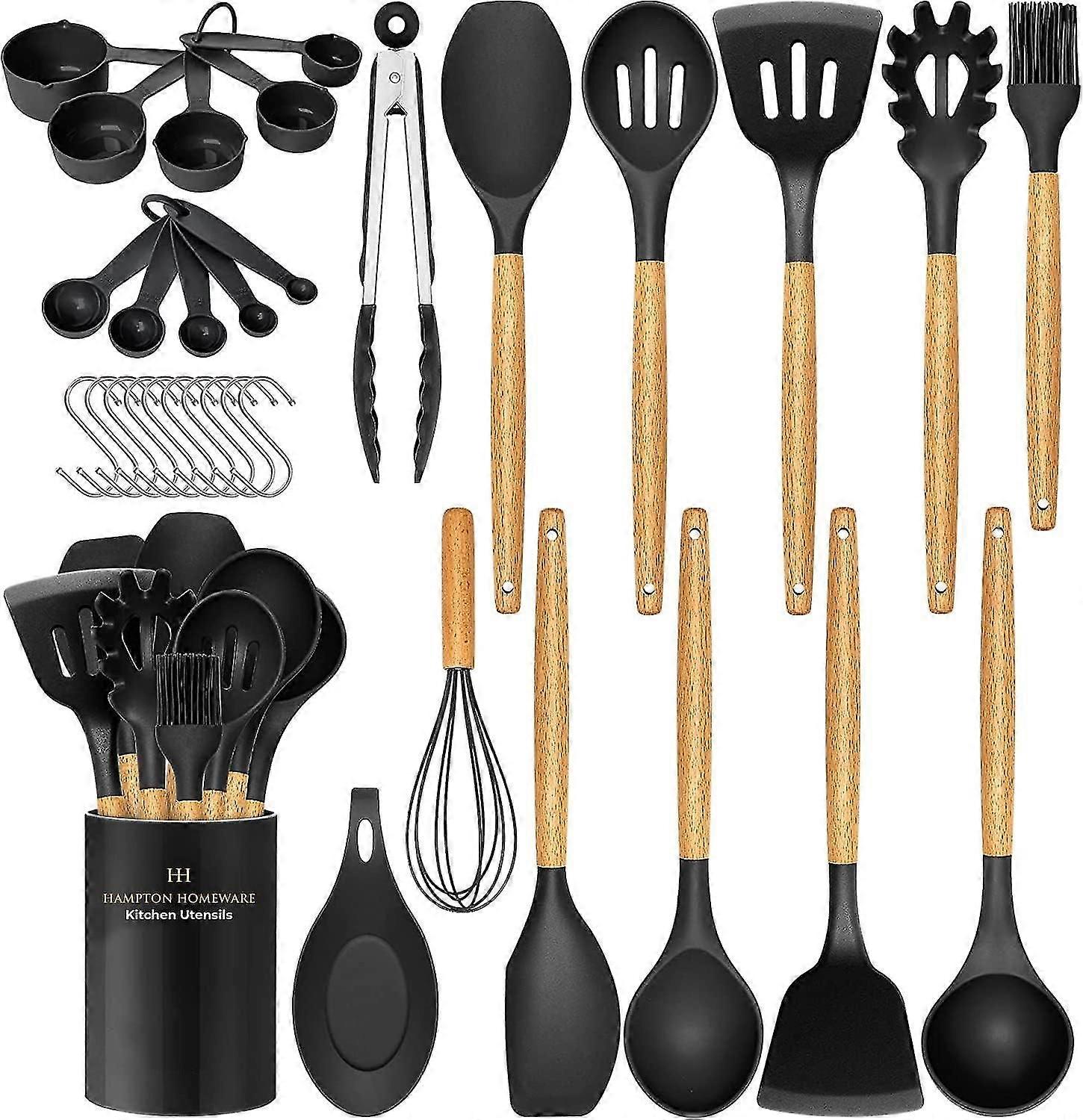 Kitchen Utensils Set, 33 Pcs Non-stick Silicone Cooking Utensils Set, Heat-resistant Silicone, Wooden Utensils For Cooking, Kitchen Gadgets Spatula Se