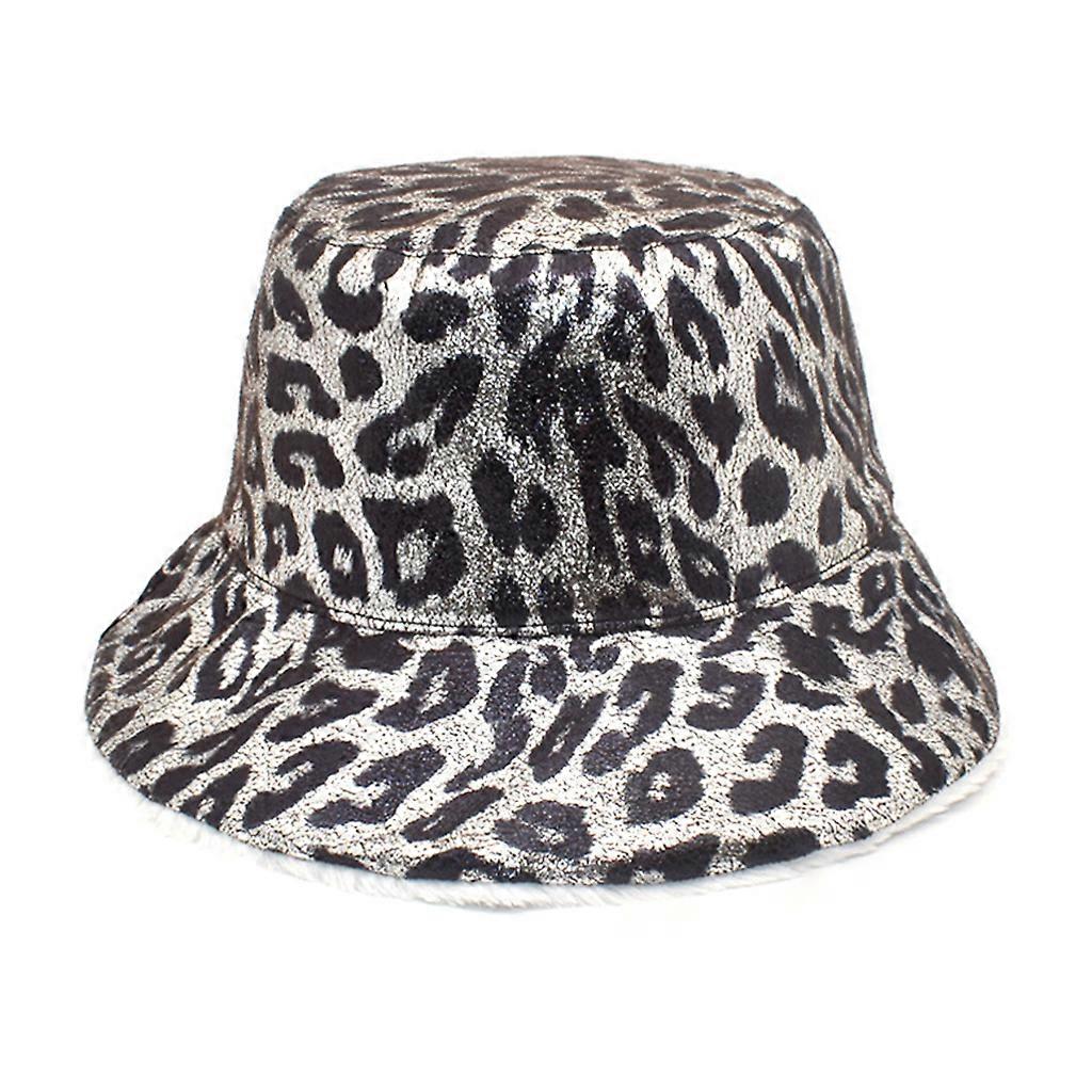 Bucket Hat Pu Leather Made Winter Hats Leopard Pattern Covered Fisheman Hats with Sunday Angora Yarns Made Lining silver