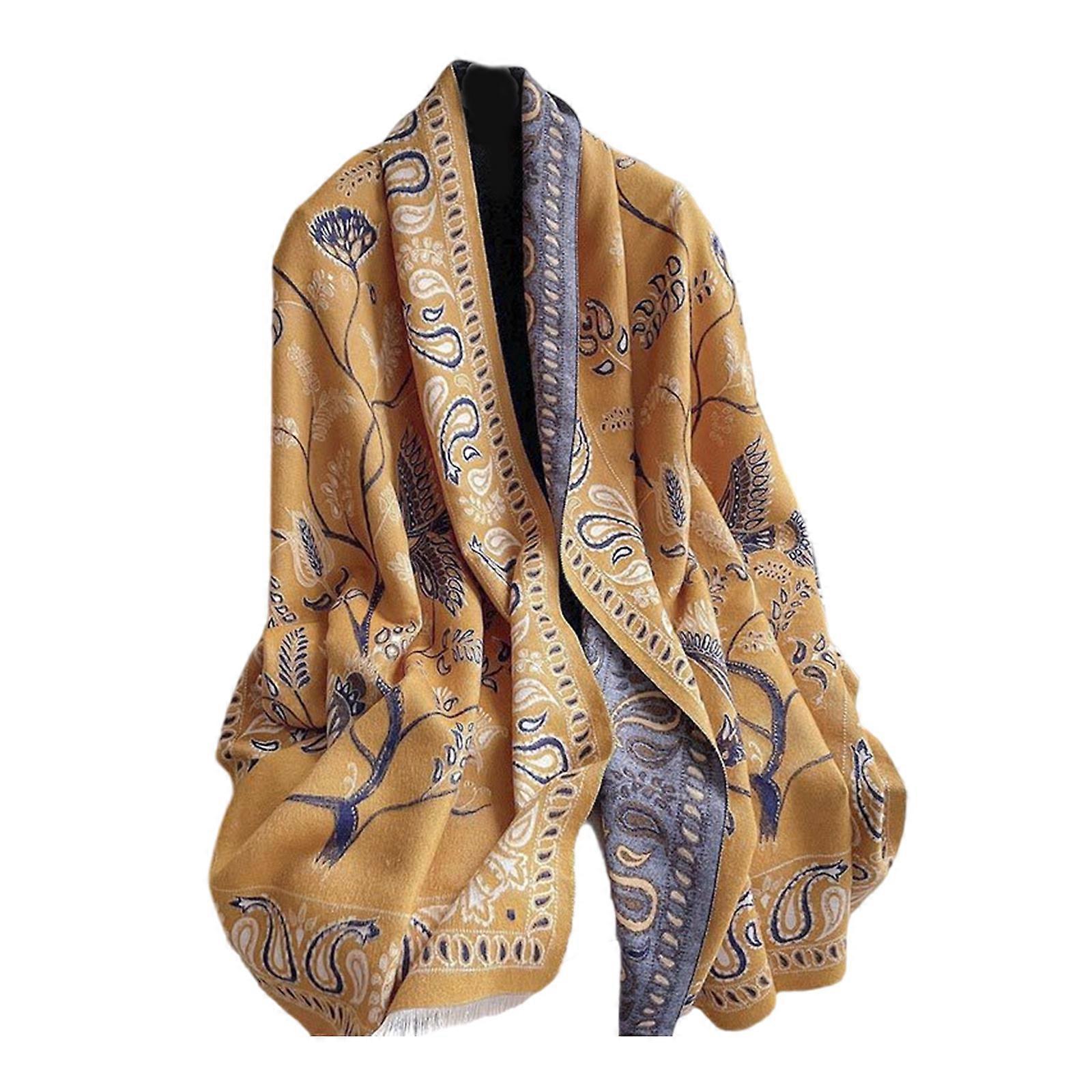 Reversible Ponchos Flower Pattern Pashmina Shawl Wrap Cashmere Like Scarf Cloak Bohemian Shawl for Vacation All Matching Yellow