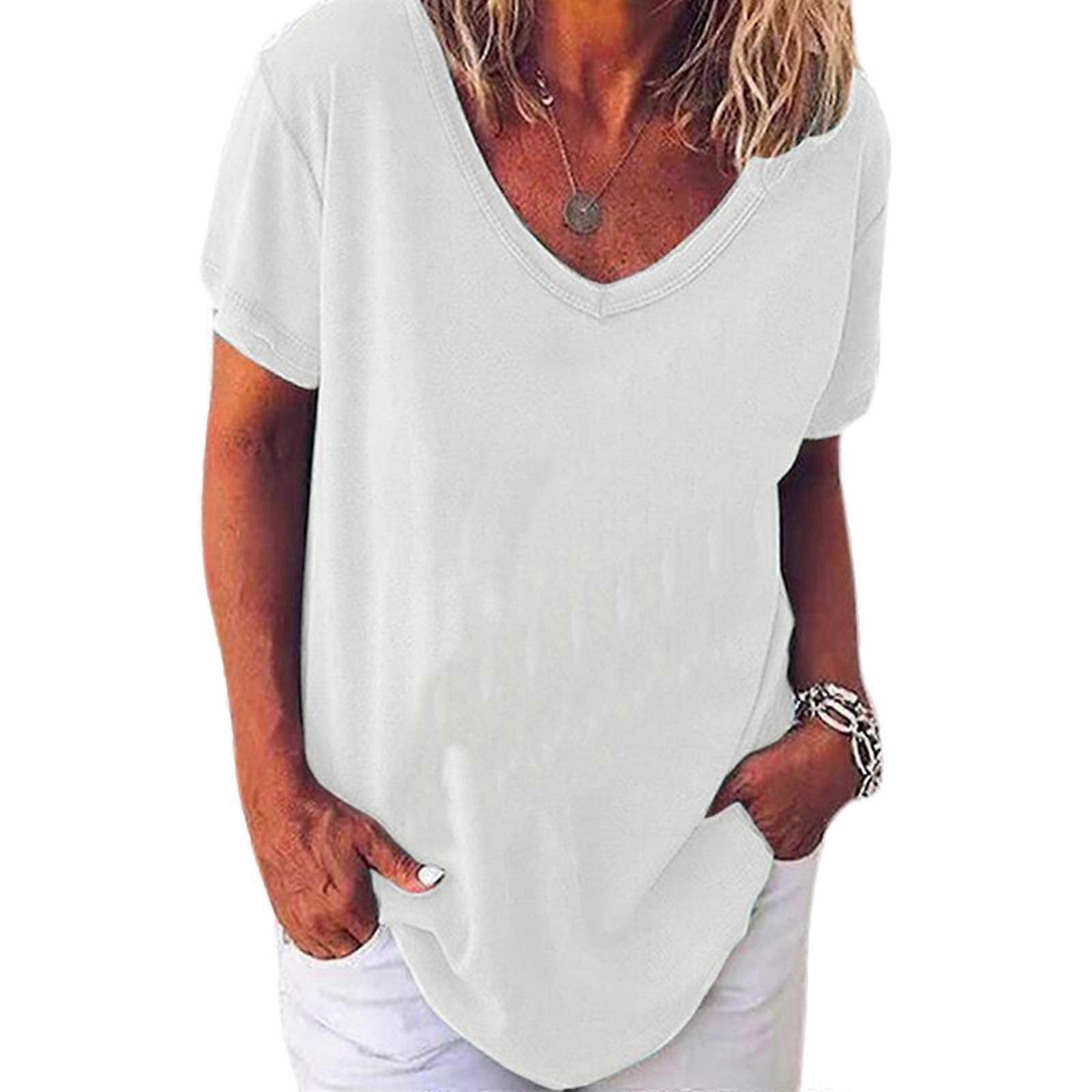 Womens Solid Color Basic Casual Loose T-Shirts Short Sleeve V-Neck Plain Solid Color Pullover Tee Tops Layering Shirts  White XL