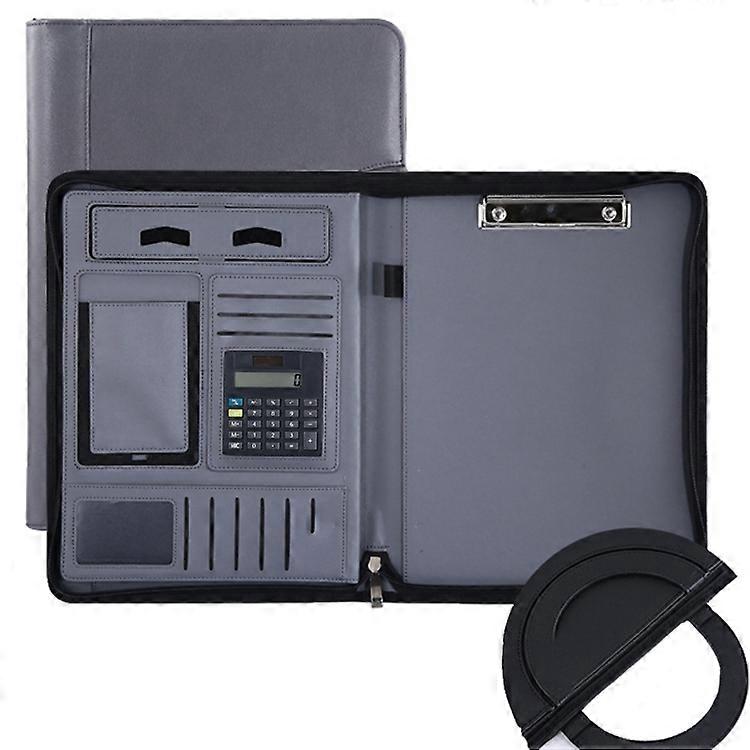 KC601 A4多機能ポータブルフォルダービジネスジッパーバッグレザーフォルダー、スタイル:電卓付き無課金、メモ帳無し(グレー)