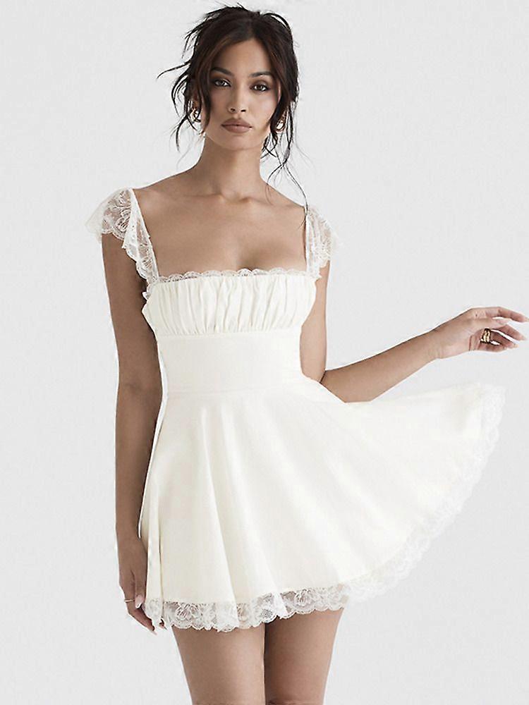Elegant White Lace Strap Mini Dress For Women Fashion Sleeveless