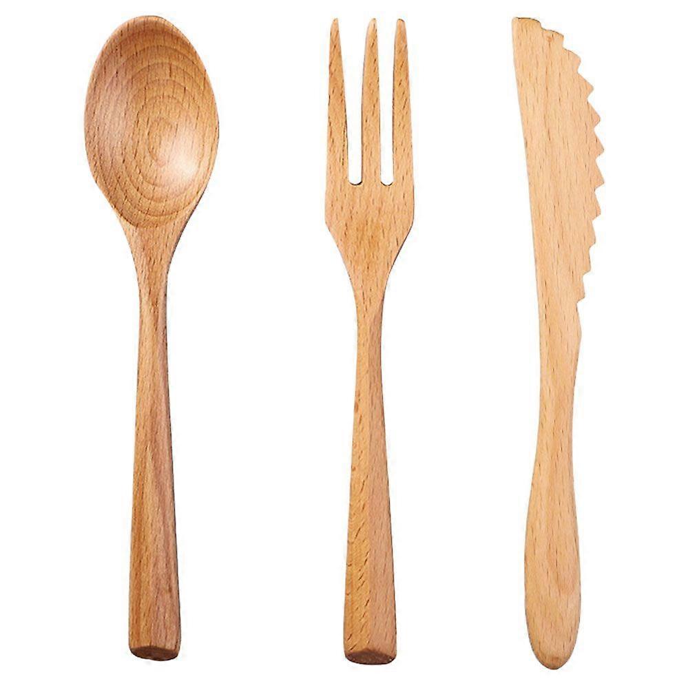 3 Pz Set di posate in legno in stile giapponese Set di tre pezzi in faggio per la casa (colore del ceppo)
