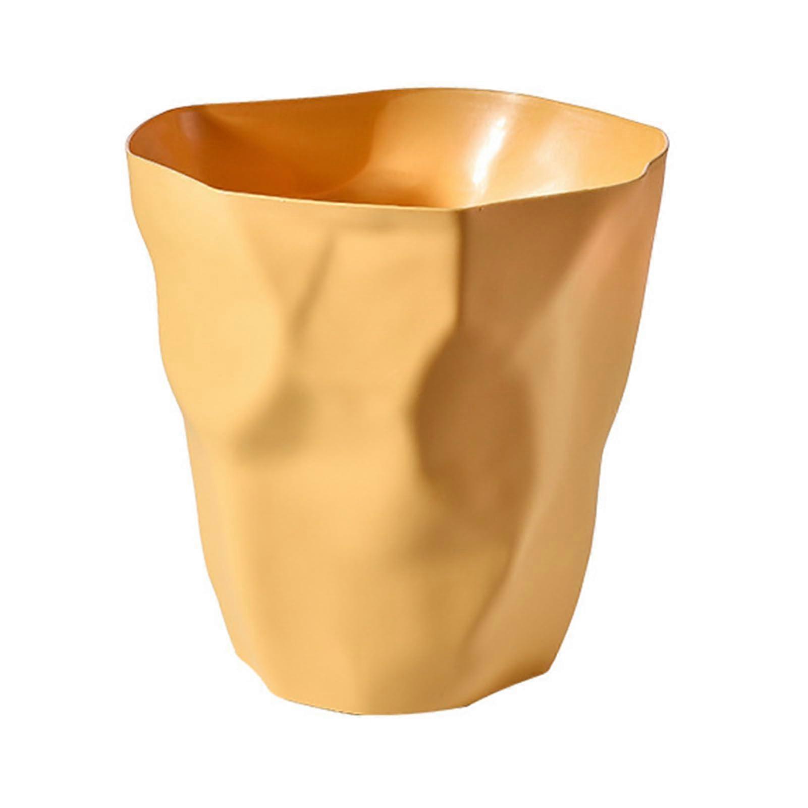 Small Plastic Bathroom Trash Can Yellow, Modern Irregular Crumpled Waste Paper Bin, Top Open Design for Office and Home