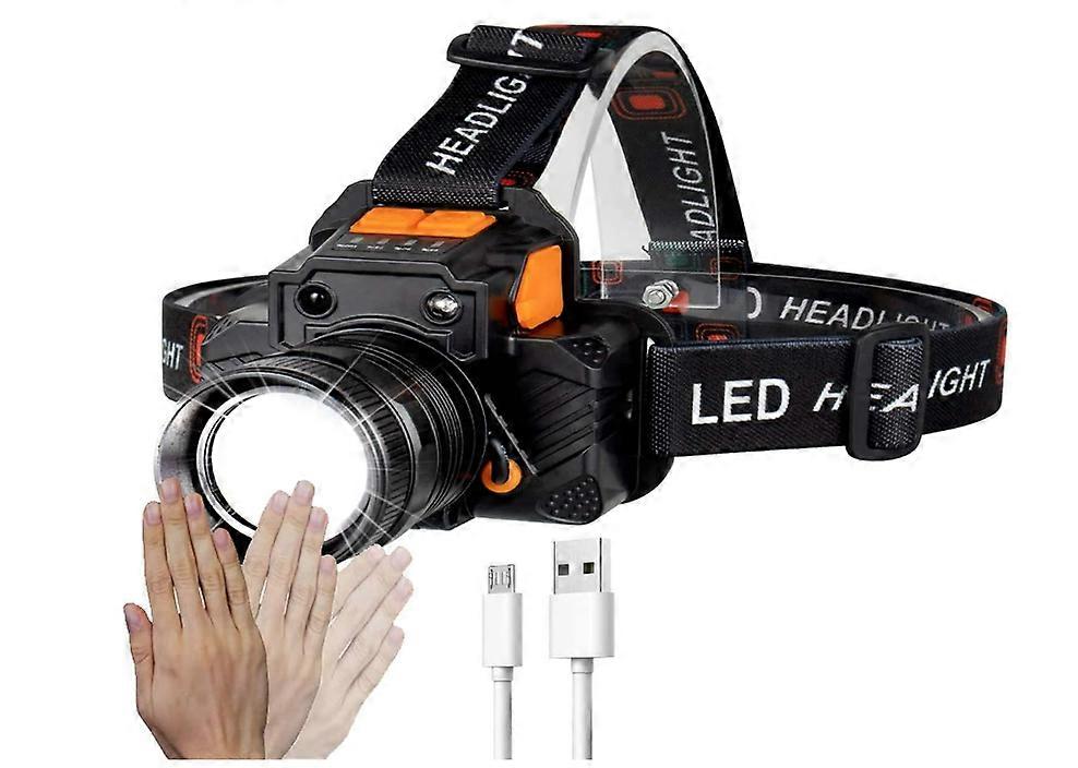 LED Head Torch Headlamp Motion Sensor Rechargeable Headlamp Head Torch Headlamp Flashlight Headlight Running Head Torch 3 Modes(Black)