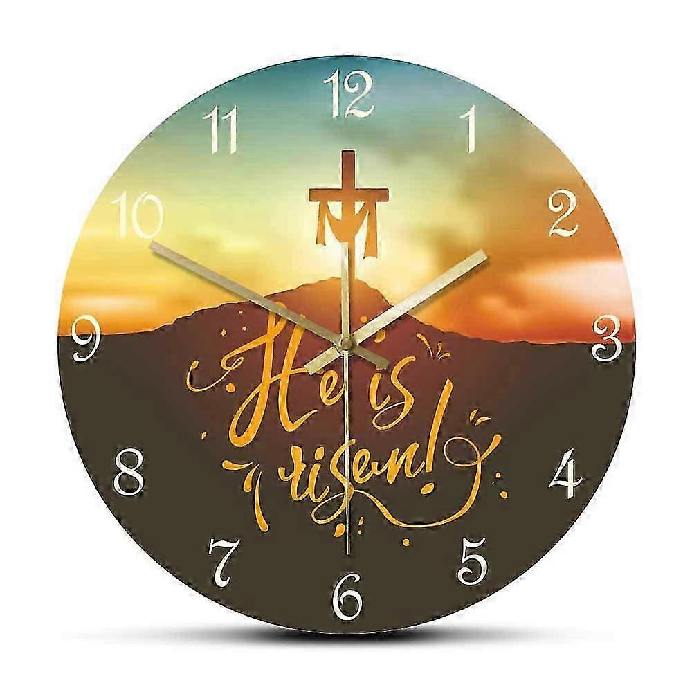 12 Silent Wall Clock - He Is Risen Easter Decor with Cross Design