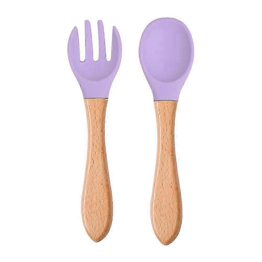 Food Grade Silicone Spoon and Fork Set for Babies and Children with Wooden Handles for Complementary Food Tableware