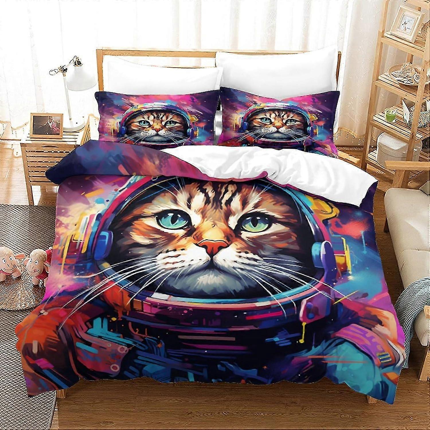 3 Piece Space Cat Bedding Set with 3D Duvet Cover and Pillowcases, Hypoallergenic Soft Microfiber Double Quilt Cover
