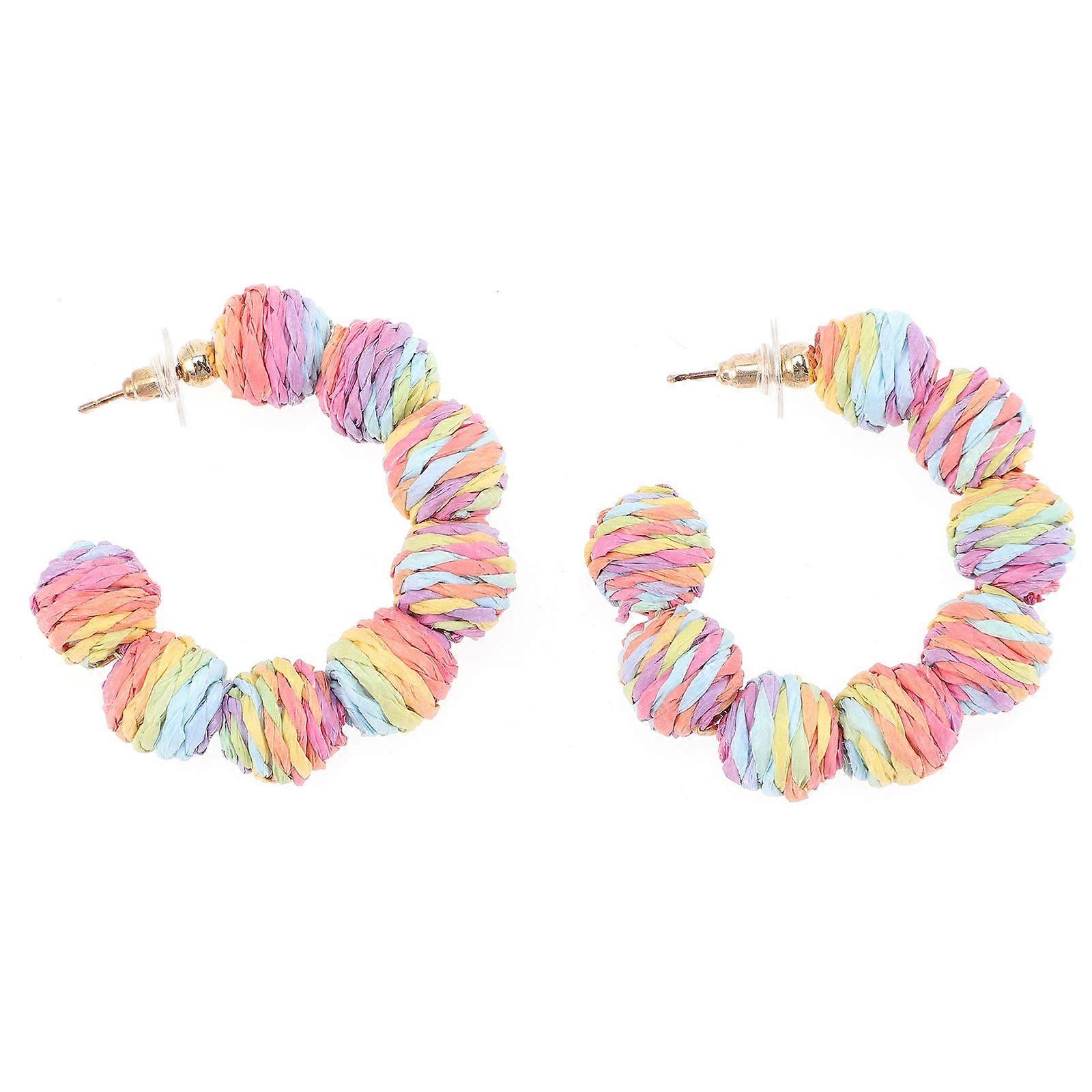 Raffia Earrings Lightweight Circular Geometry Multi-Colored 5x1.3cm for Parties 1Pair