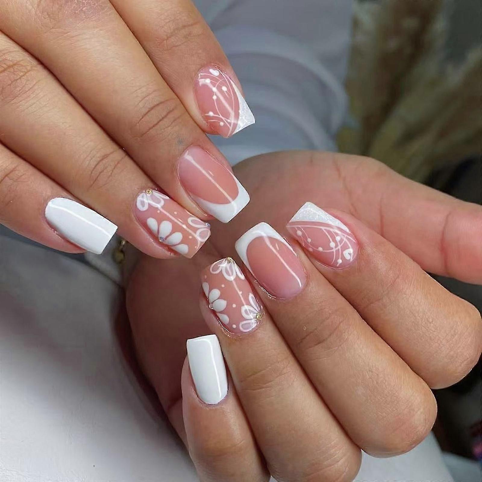 Square French Tips Fake Nail Glues On Nail Stick On Nail Flower Press On Nail