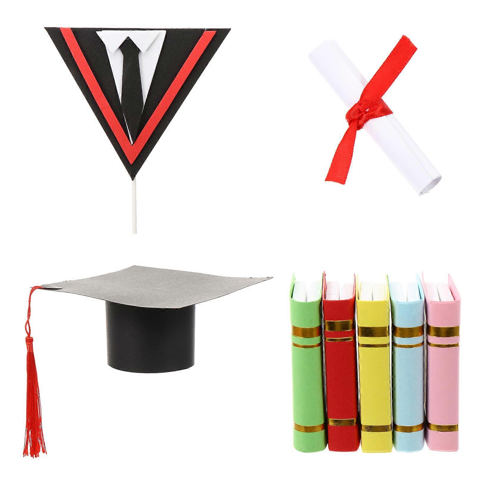 Graduation Cake Toppers with Trencher Cap and Certificate Design for Party Black Paper 3pcs