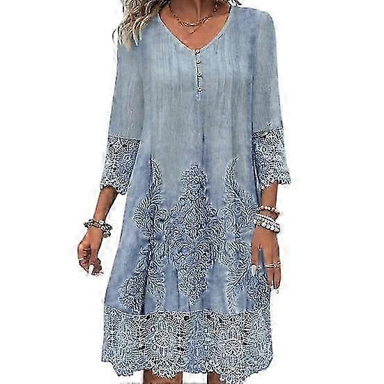 Sommer Frauen Kleid V-Ausschnitt Aushöhlen Spitze Knöpfe Dreiviertelärmel Stickerei Einfarbig locker knielang Retro Midi Kleid