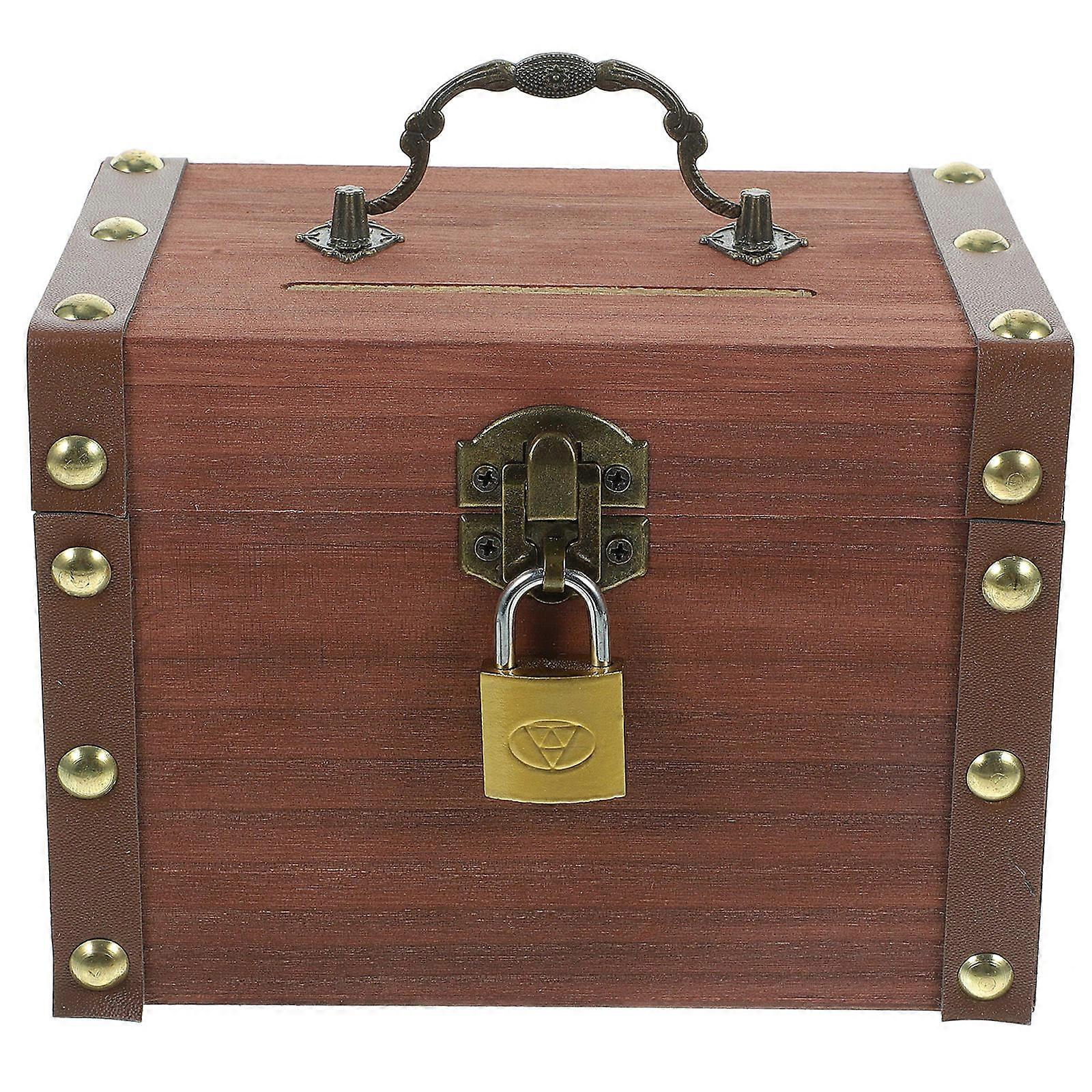 Retro Wooden Money Jar with Lock for Home Light Brown Wood Coin Bank Jewelry Organizer SpaceSaving 7.5 x 5.5 x 4.5 inches