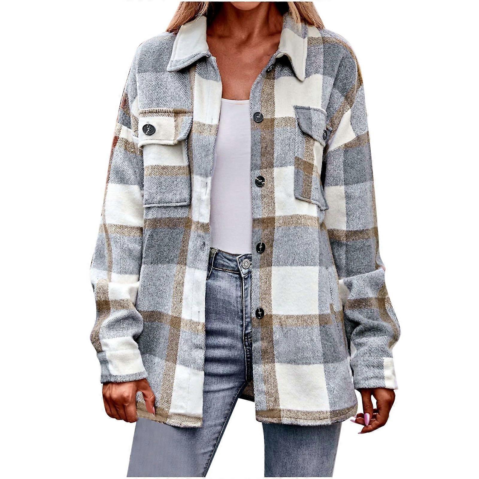 Women's Checkered Wool Shacket Light Gray XL