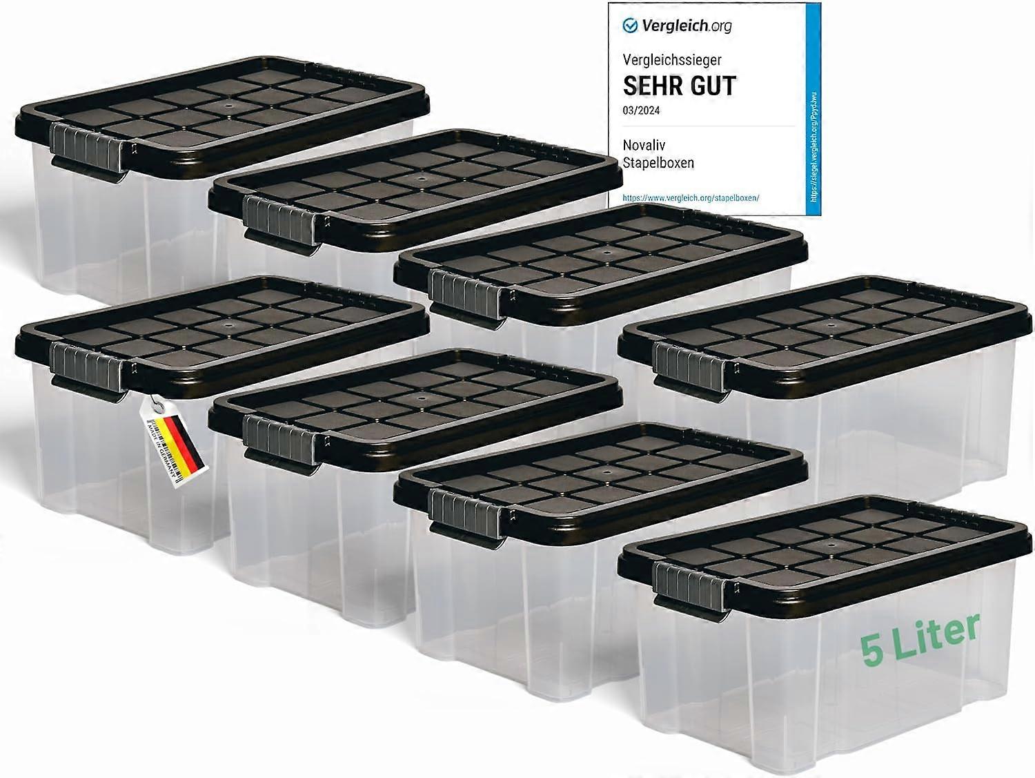 Novaliv 8x Aufbewahrungsboxen mit Deckel 5L Anthrazit Nestbar stapelbare Storage boxes mit Clipversc