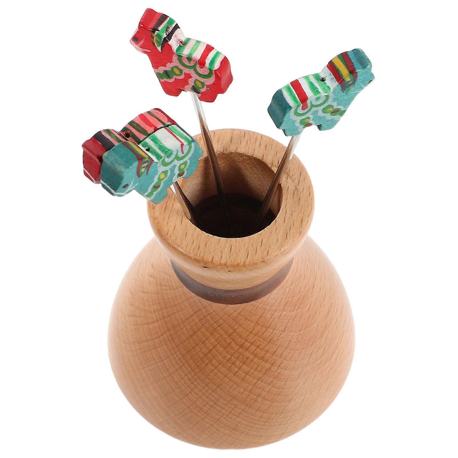 5 Sets Cartoon Shaped Fruit Forks For Family Gatherings With Wooden Holder In Assorted Color Designed For Fruit Serving