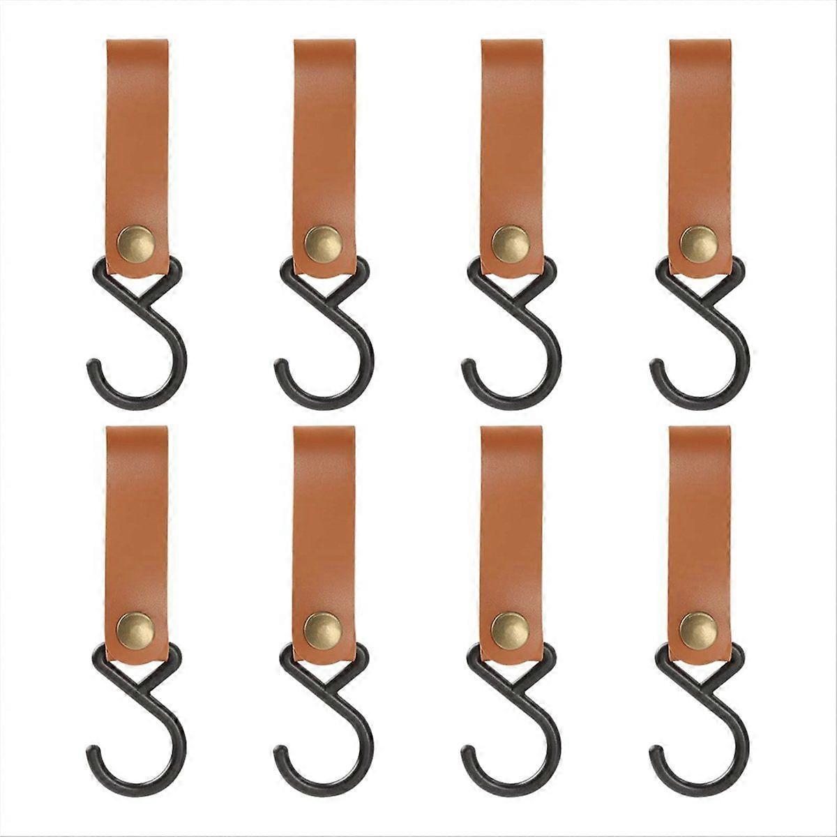 8Pcs Leather S-Hooks Leather Hook,Coat Hook for Hanging (Brown)
