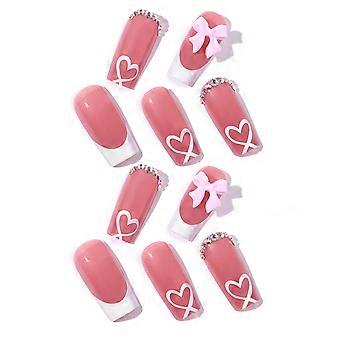 Press on Nails Medium Long Square 3D Bows Acrylic French White French Fake Nails with Heart Pattern Full Cover for Girls Multicolor