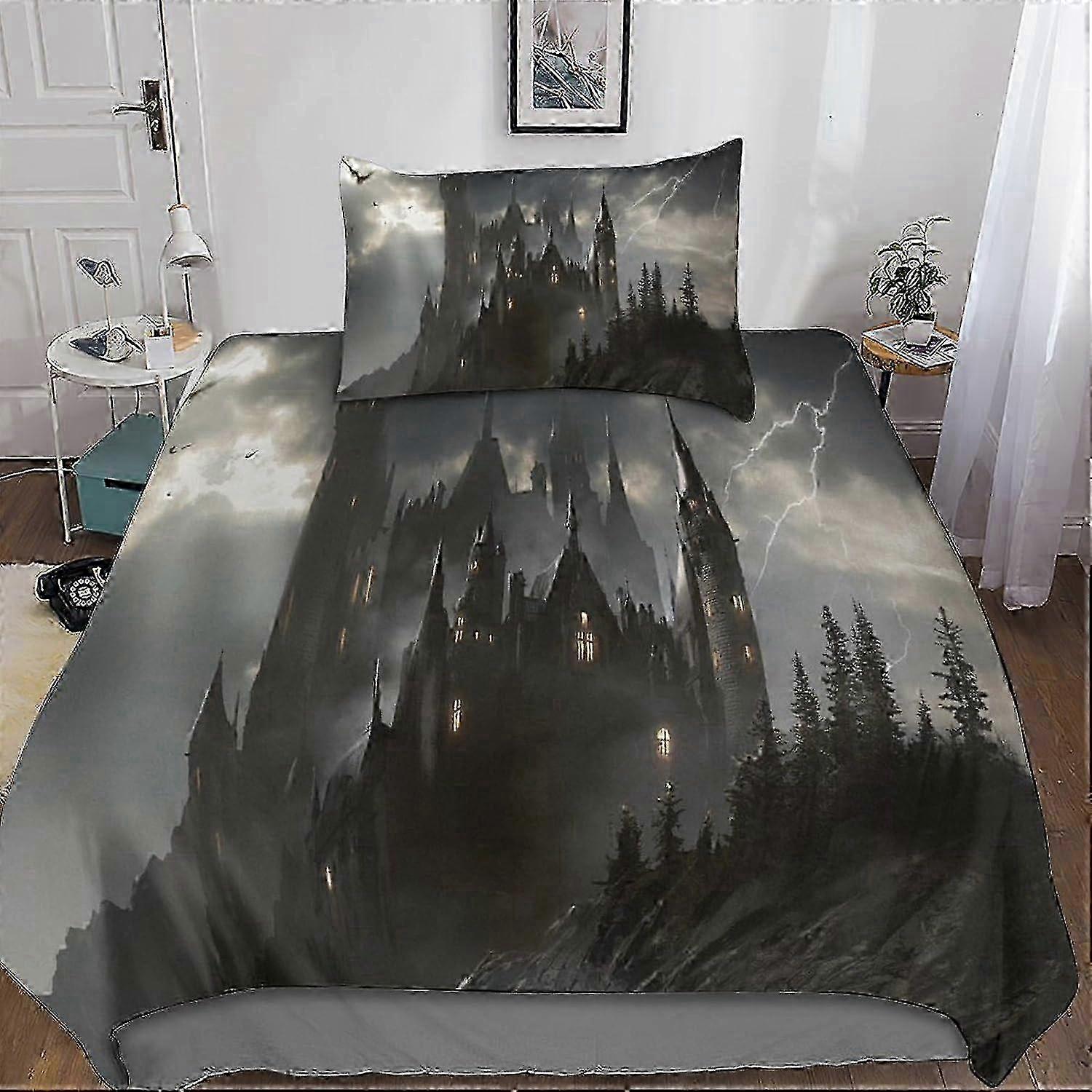 Medieval Castle Duvet CoverPieces Sets D Printed Fortress Microfiber Bedding Set with Pillowcase with Zipper Closure for Adults and E 135*20