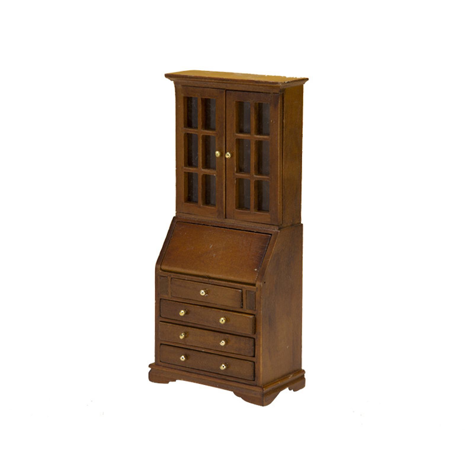 Antique Miniature Cabinet 1/12 Wooden Dollhouses Furniture Realistic Bookshelf with Functional Drawer for Scene Display  walnut color