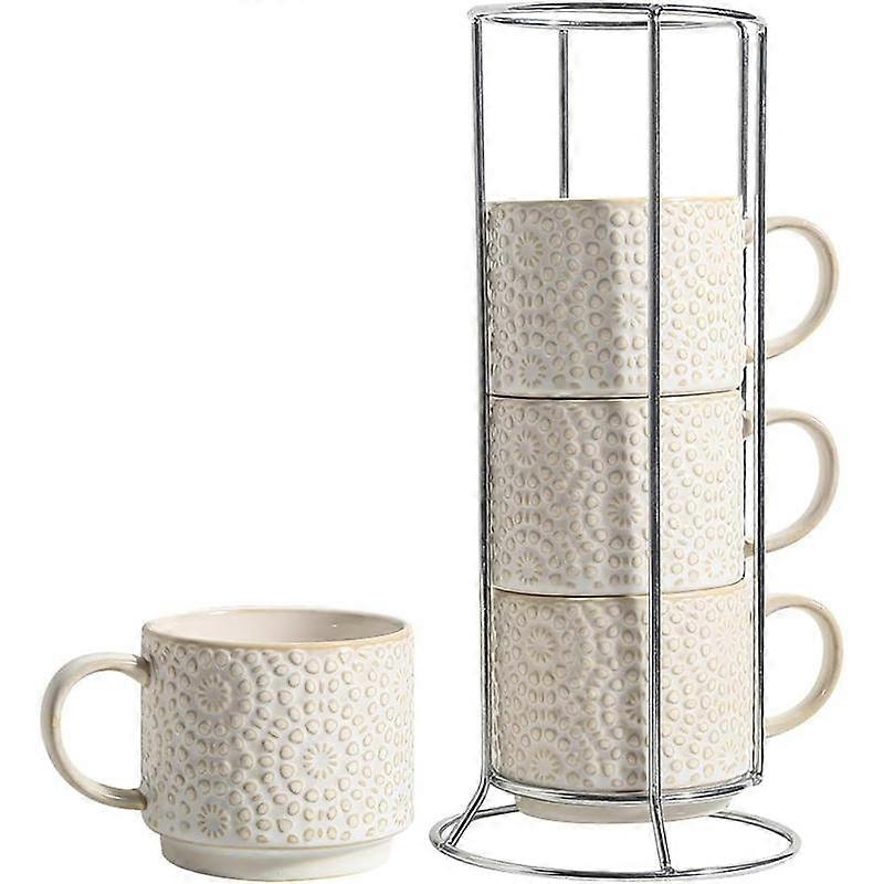 6 Oz Coffee Mugs with Stand, Stackable Coffee Cups Set of 4, Ceramic Espresso Cups, Embossed Cappuccino Cups for Latte, Cocoa, Mocha, , Hous