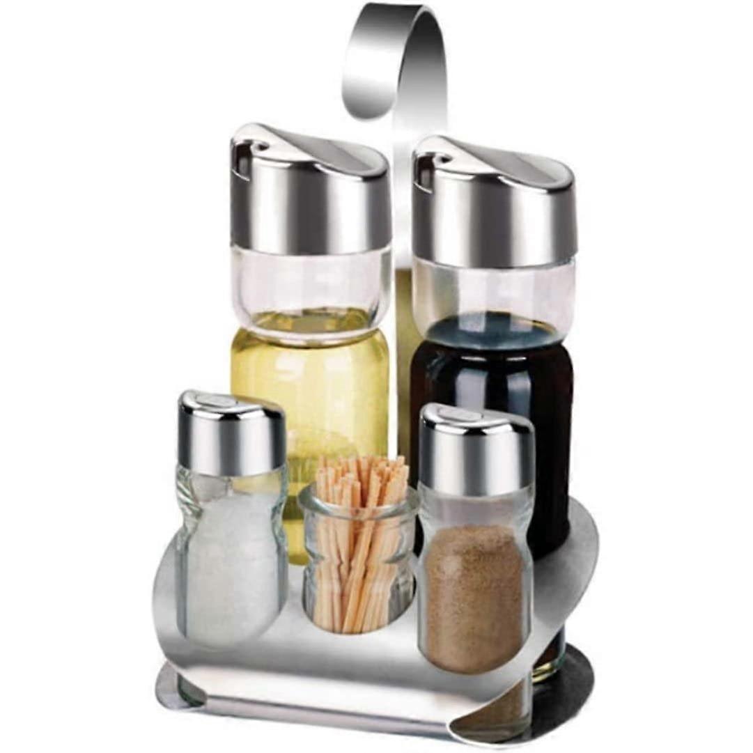Glass Salt and Sugar Container Set with Stainless Steel Base, 5 Clear Bowls with Lids for Spice, Oil, Vinegar