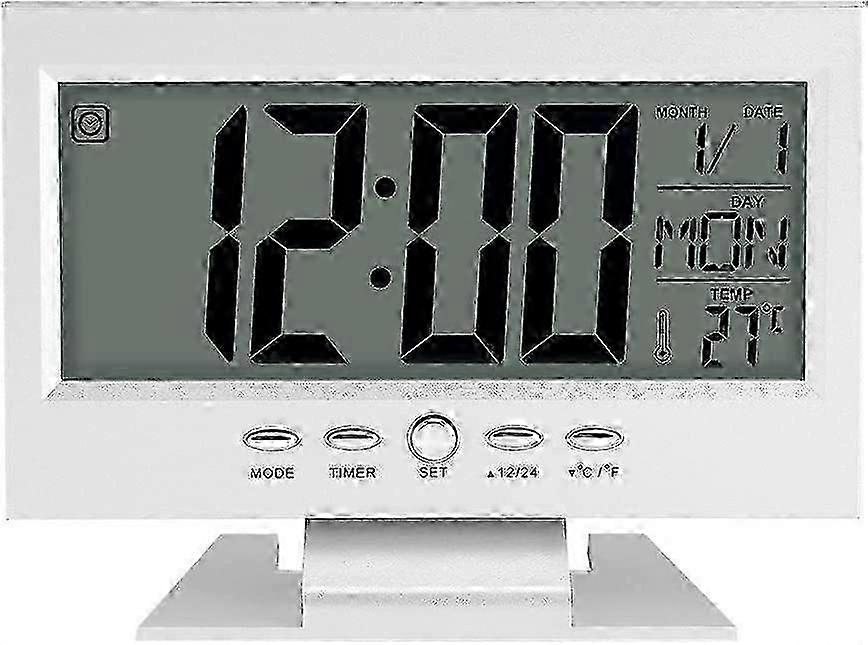 Large LCD Display Digital Sound Sensor Desk Alarm Clock (Silver) with Smart Night Light and Snooze T