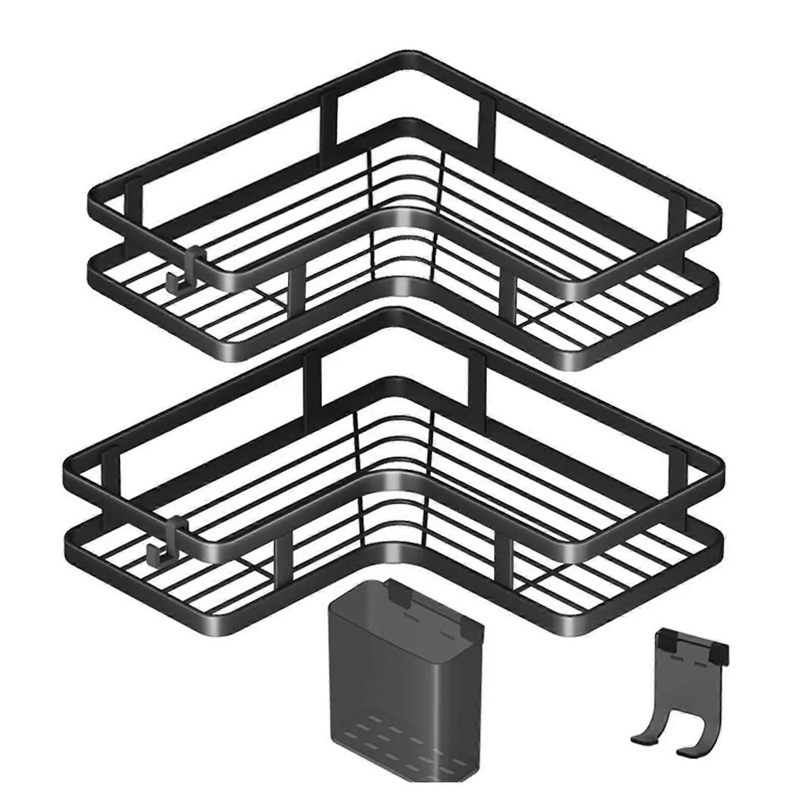 Corner Shower Caddy RustProof DoubleLayer Bathroom Shelf with Hooks, NoDrill 4Piece Set