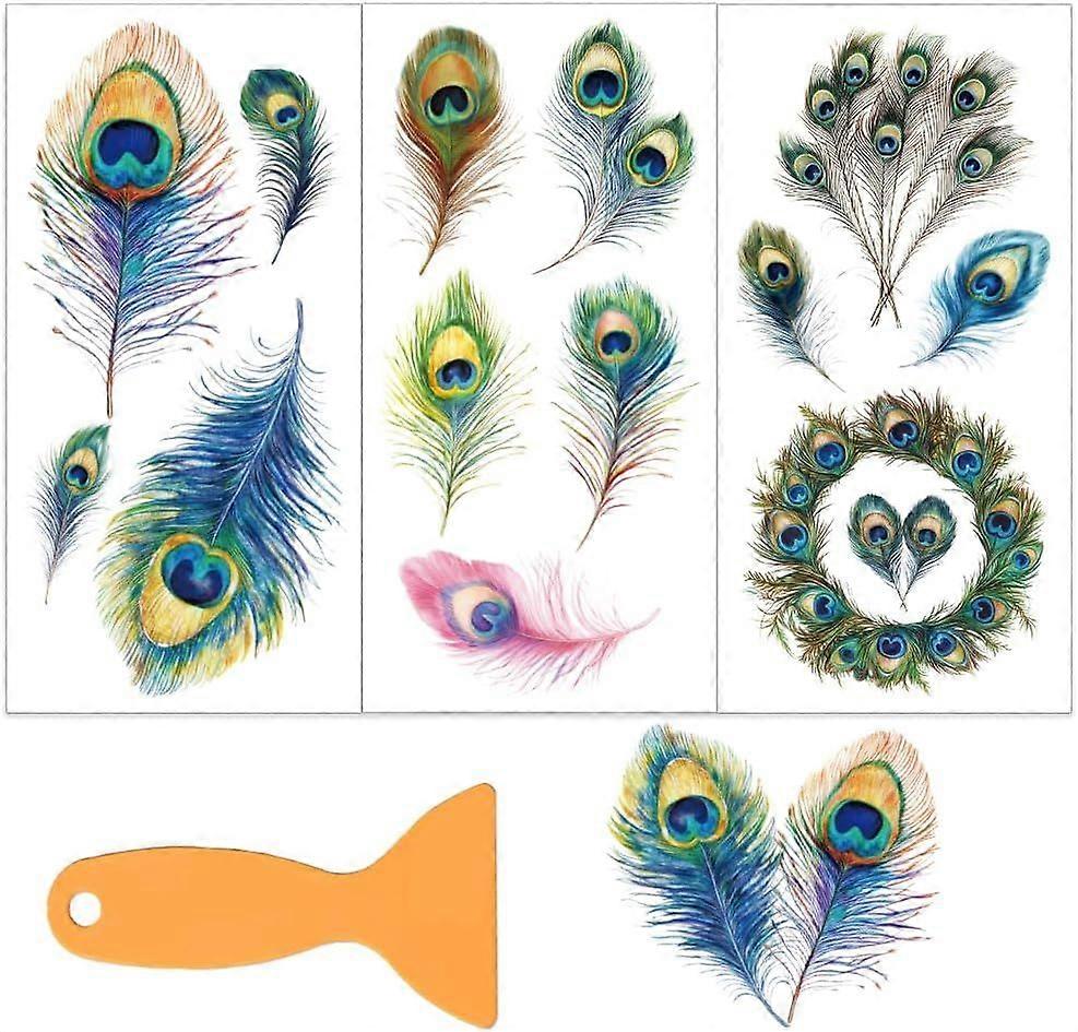 3pcs/Set Peacock Feather Rub on Transfers for Furniture and Crafts 6x12 Inch Feather Decals Transfer Stickers Rub on Decals with 1pc Scraper for Wood 