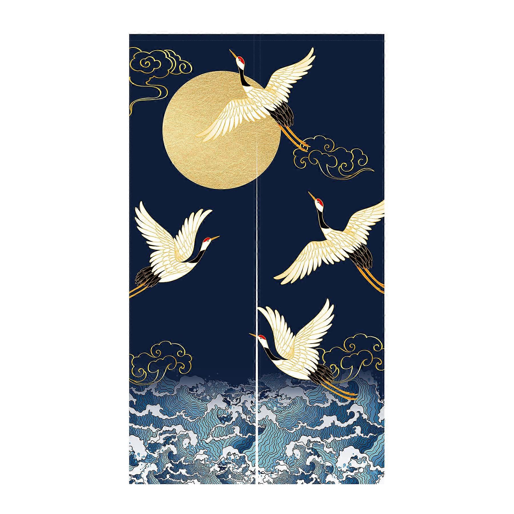 Japanese Noren Doorway Curtain with Crane and Moon, Cotton Linen Split Panel for Privacy, 33.5x59 Navy