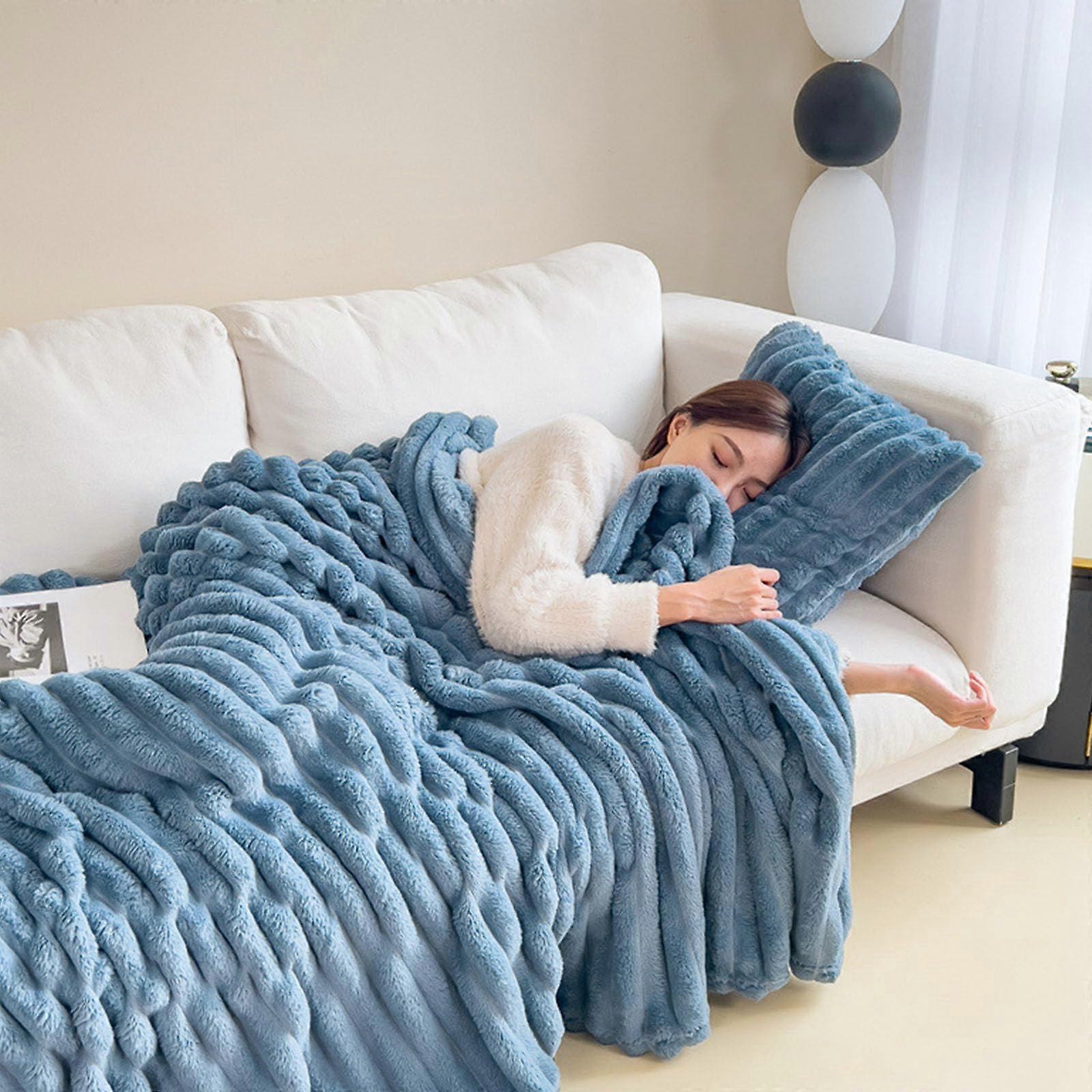 Plush Throw Blanket Warm Fluffy Soft Shaggy Bubble Texture for Office Nap Blue 120x200cm