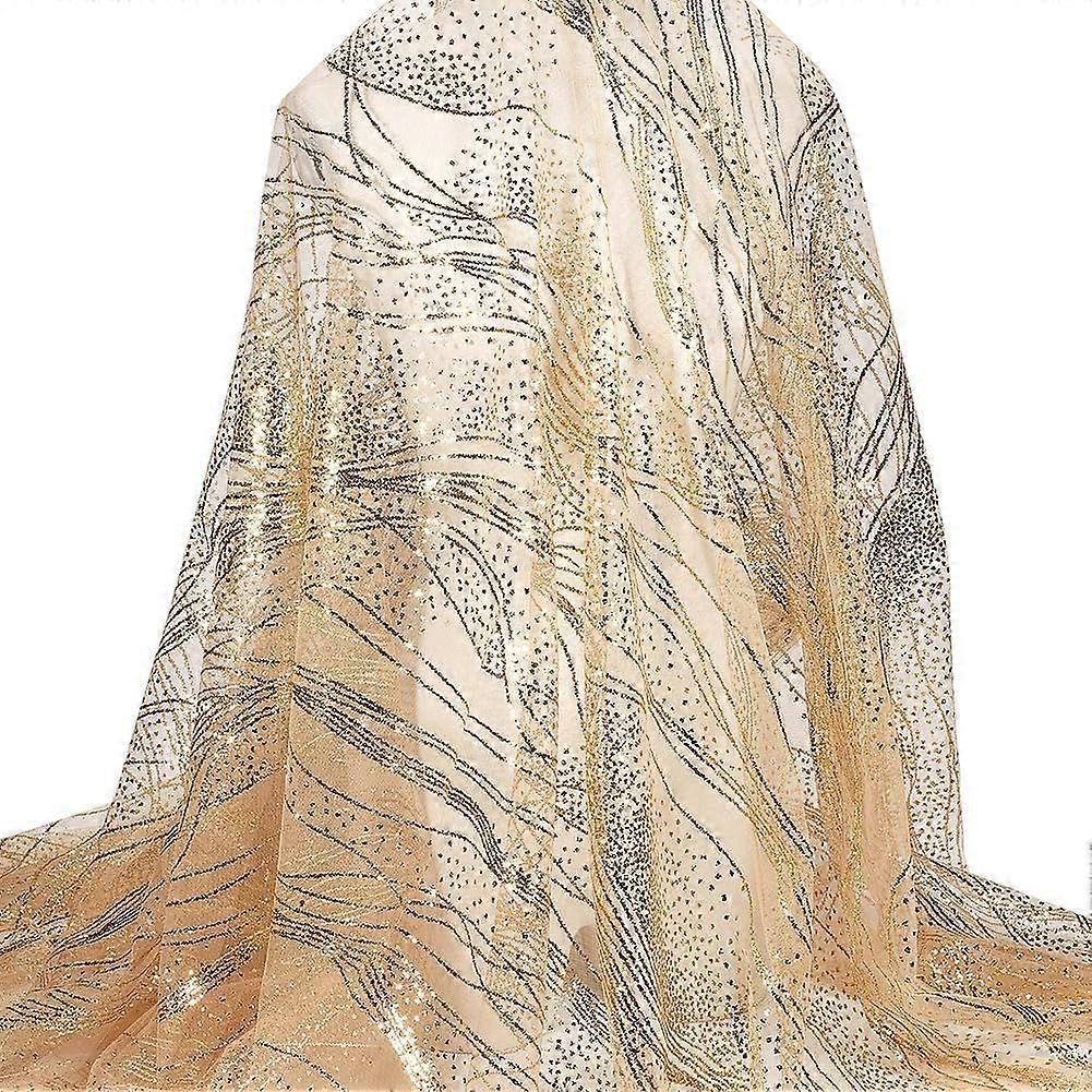 2.2 Yards Gold Sequin Mesh Fabric 64.5 Inch Glitter Tulle Fabric Rolls Polyester Netting with Golden Lines and Sequin Embellishments for Gift Wrapping