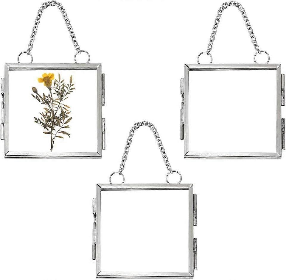 3Pcs Brass Hanging Frame Glass Pressed Flower Frames Hanging Floating Picture Frames Square Artwork Display with Chain for Pressed Dried Flowers Plant